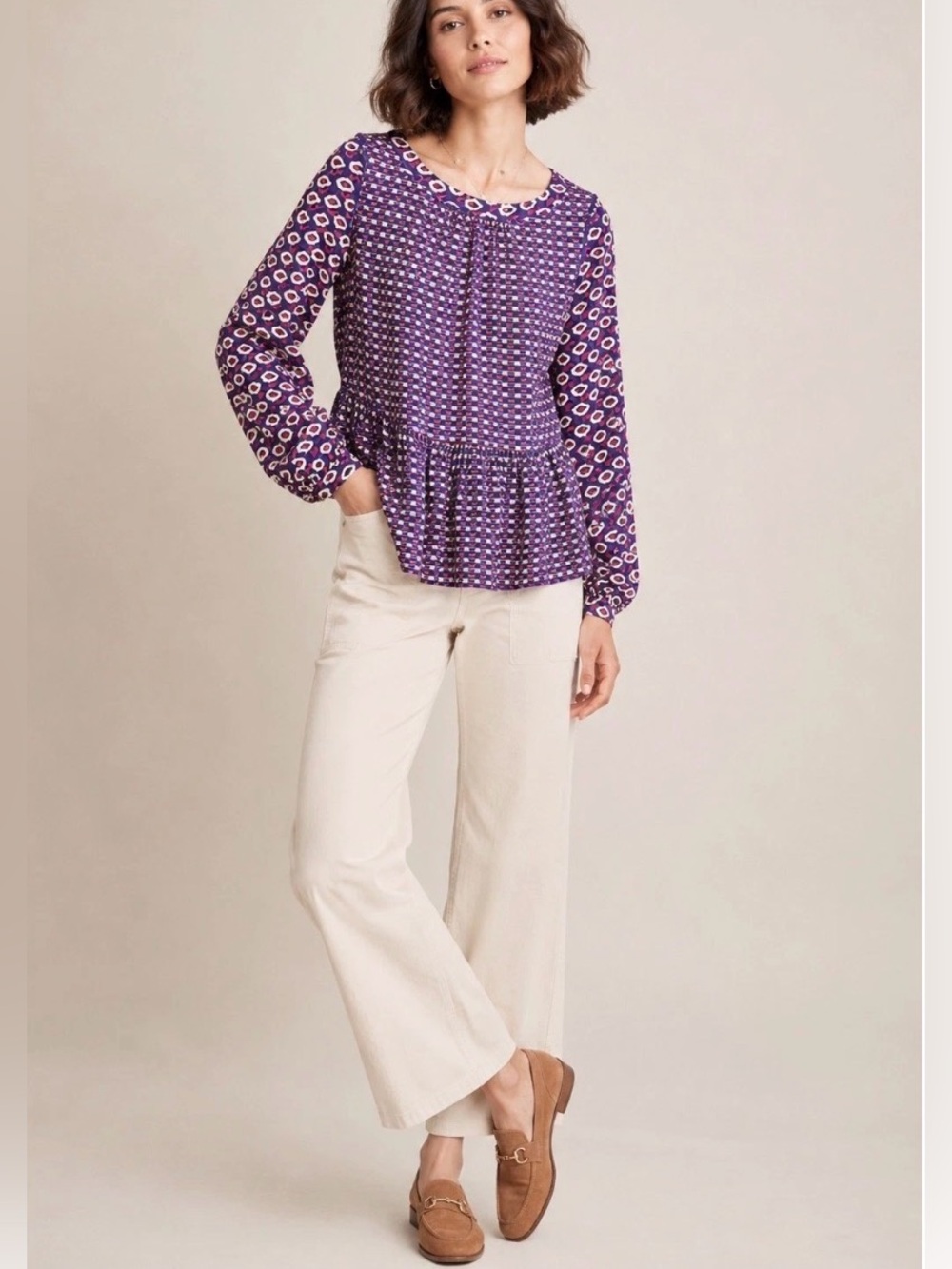 Maeve Anthropologie Purple Boho Geometric Print Peplum Blouse XL